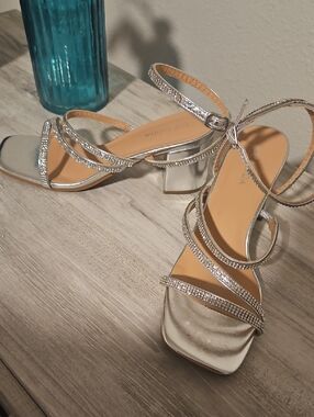 TOP Moda Silver Rhinestone Strappy Low Block Heel Sandals